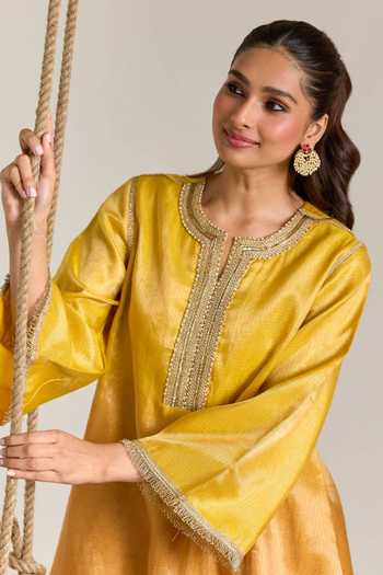 Buy Nero India Yellow Tissue, Kota Doria Round Neck Embroidered Kurta And Pant Set Online at Aza Fashions Buy_Nero India_Yellow Tissue, Kota Doria Round Neck Embroidered Kurta And Pant Set _Online_at_Aza_Fashions