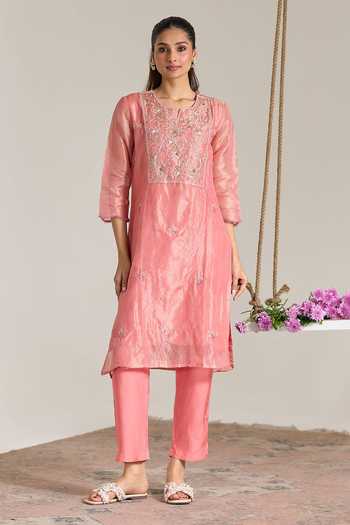 Buy Nero India Pink Kota Doria, Tissue, Chanderi Round Embroidered Straight Kurta And Pant Set Online at Aza Fashions Buy_Nero India_Pink Kota Doria, Tissue, Chanderi Round Embroidered Straight Kurta And Pant Set _Online_at_Aza_Fashions
