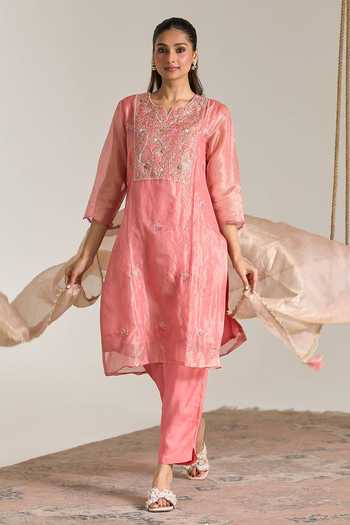 Buy Nero India Pink Kota Doria, Tissue, Chanderi Round Embroidered Straight Kurta And Pant Set Buy_Nero India_Pink Kota Doria, Tissue, Chanderi Round Embroidered Straight Kurta And Pant Set