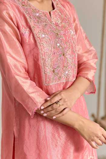 Shop Nero India Pink Kota Doria, Tissue, Chanderi Round Embroidered Straight Kurta And Pant Set Shop_Nero India_Pink Kota Doria, Tissue, Chanderi Round Embroidered Straight Kurta And Pant Set