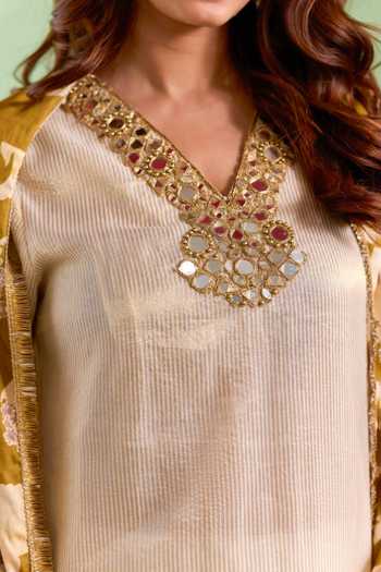 Shop Nero India Gold Chanderi V-neck, Yes Hand Embroidered Kurta And Pant Set Shop_Nero India_Gold Chanderi V-neck, Yes Hand Embroidered Kurta And Pant Set