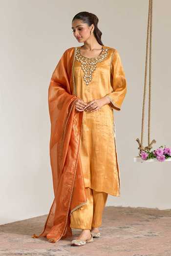 Buy Nero India Orange Tissue Scoop Neck, Yes Hand Embroidered Straight Kurta And Pant Set Online at Aza Fashions Buy_Nero India_Orange Tissue Scoop Neck, Yes Hand Embroidered Straight Kurta And Pant Set _Online_at_Aza_Fashions