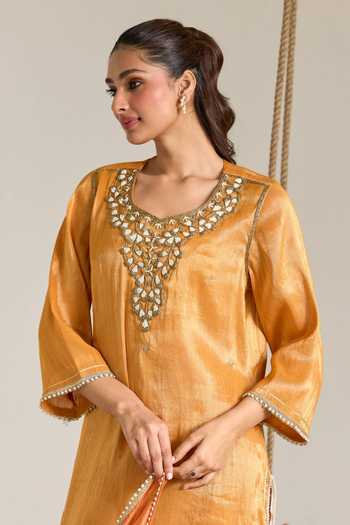 Shop Nero India Orange Tissue Scoop Neck, Yes Hand Embroidered Straight Kurta And Pant Set Online at Aza Fashions Shop_Nero India_Orange Tissue Scoop Neck, Yes Hand Embroidered Straight Kurta And Pant Set _Online_at_Aza_Fashions