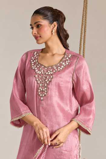 Buy Nero India Pink Tissue Round Neck Neckline Embroidered Kurta And Pant Set Online at Aza Fashions Buy_Nero India_Pink Tissue Round Neck Neckline Embroidered Kurta And Pant Set _Online_at_Aza_Fashions