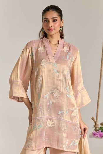 Buy_Nero India_Pink Tissue Split V-neck, Yes Embroidered Kurta And Pant Set _Online_at_Aza_Fashions