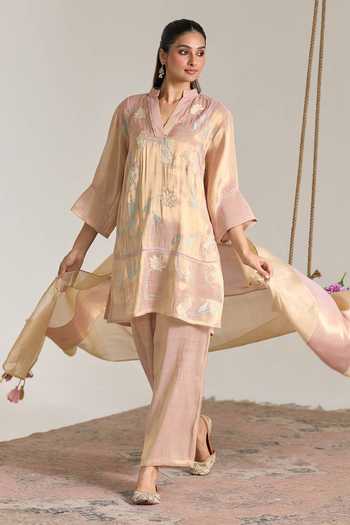 Shop_Nero India_Pink Tissue Split V-neck, Yes Embroidered Kurta And Pant Set _Online_at_Aza_Fashions