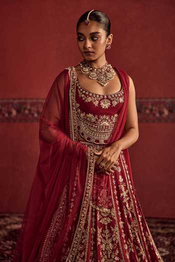 Ridhi Mehra_Maroon Georgette, Net Round Embroidered Lehenga Blouse And Dupatta Set With Drape _Online_at_Aza_Fashions