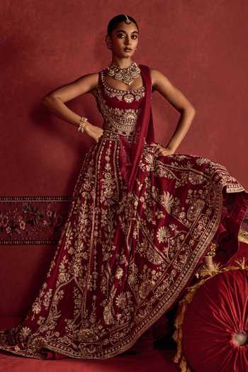 Buy_Ridhi Mehra_Maroon Georgette, Net Round Embroidered Lehenga Blouse And Dupatta Set With Drape _Online_at_Aza_Fashions