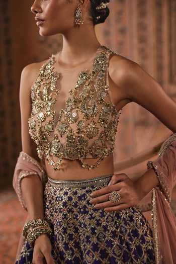 Ridhi Mehra Purple Raw Silk, Net Halter Neck Checkered Embroidered Lehenga Set Online at Aza Fashions Ridhi Mehra_Purple Raw Silk, Net Halter Neck Checkered Embroidered Lehenga Set _Online_at_Aza_Fashions