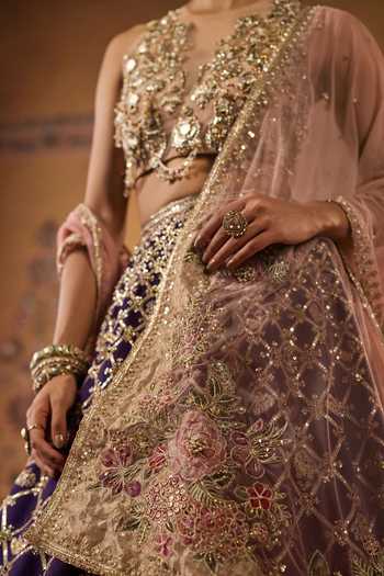 Buy Ridhi Mehra Purple Raw Silk, Net Halter Neck Checkered Embroidered Lehenga Set Online at Aza Fashions Buy_Ridhi Mehra_Purple Raw Silk, Net Halter Neck Checkered Embroidered Lehenga Set _Online_at_Aza_Fashions