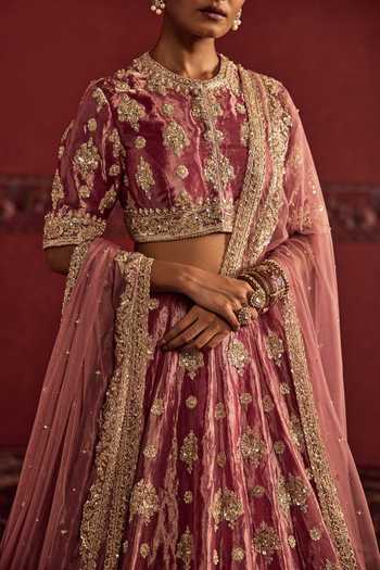 Ridhi Mehra Gold Tissue, Net Round Neck Floral Embroidered Bridal Lehenga Set Online at Aza Fashions Ridhi Mehra_Gold Tissue, Net Round Neck Floral Embroidered Bridal Lehenga Set _Online_at_Aza_Fashions