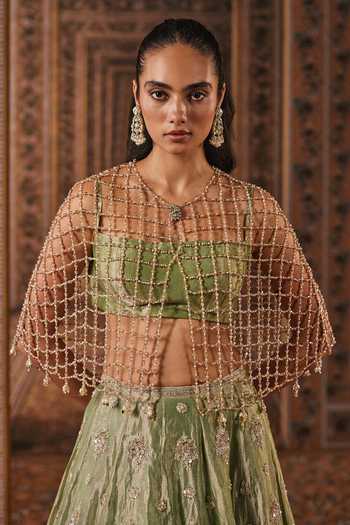 Ridhi Mehra_Green Tissue Bandeau Neck Iltija Embroidered Cape Lehenga Set _Online_at_Aza_Fashions