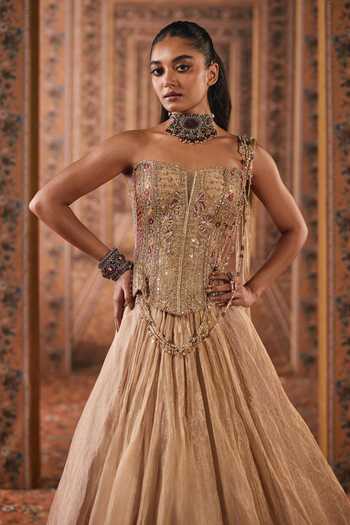 Ridhi Mehra Gold Tissue Beads, Stones Bandeau Neck Embroidered Corset Lehenga Set Online at Aza Fashions Ridhi Mehra_Gold Tissue Beads, Stones Bandeau Neck Embroidered Corset Lehenga Set _Online_at_Aza_Fashions