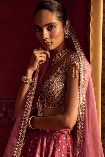 Buy Ridhi Mehra Pink Silk, Net V-neck Geometric Woven Lehenga Set Online at Aza Fashions Buy_Ridhi Mehra_Pink Silk, Net V-neck Geometric Woven Lehenga Set _Online_at_Aza_Fashions