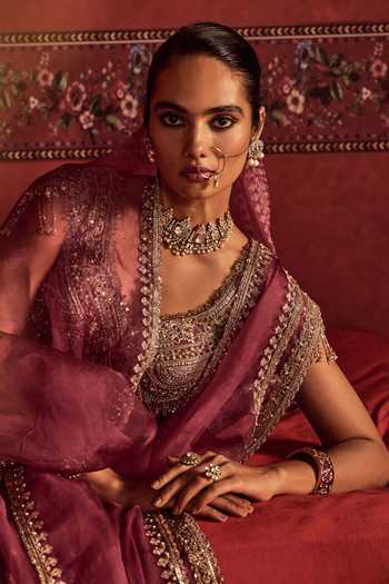 Shop Ridhi Mehra Pink Silk, Net V-neck Geometric Woven Lehenga Set Online at Aza Fashions Shop_Ridhi Mehra_Pink Silk, Net V-neck Geometric Woven Lehenga Set _Online_at_Aza_Fashions