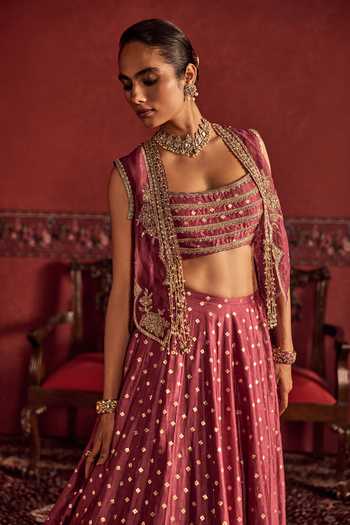 Ridhi Mehra Pink Silk, Net Square Neck Embroidered Cape Lehenga Set Online at Aza Fashions Ridhi Mehra_Pink Silk, Net Square Neck Embroidered Cape Lehenga Set _Online_at_Aza_Fashions