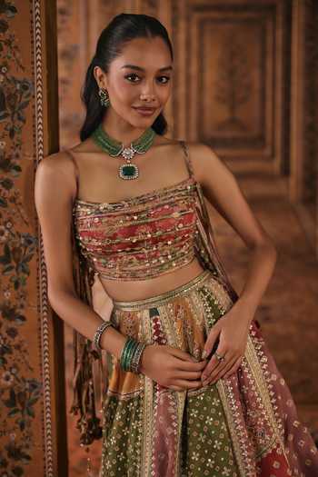Ridhi Mehra Pink Net, , Raw Square Neck Printed And Embroidered Lehenga Set at Aza Fashions Ridhi Mehra_Pink Net, , Raw Square Neck Printed And Embroidered Lehenga Set _at_Aza_Fashions
