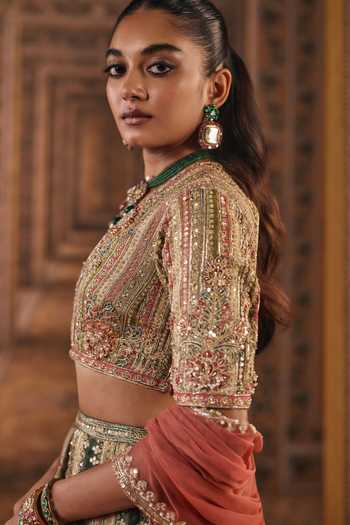Ridhi Mehra Green Raw Silk, Net V-neck Printed And Embroidered Lehenga Set Online at Aza Fashions Ridhi Mehra_Green Raw Silk, Net V-neck Printed And Embroidered Lehenga Set _Online_at_Aza_Fashions