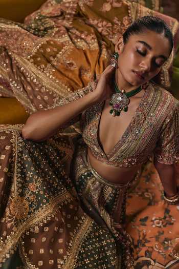 Buy Ridhi Mehra Green Raw Silk, Net V-neck Printed And Embroidered Lehenga Set Online at Aza Fashions Buy_Ridhi Mehra_Green Raw Silk, Net V-neck Printed And Embroidered Lehenga Set _Online_at_Aza_Fashions