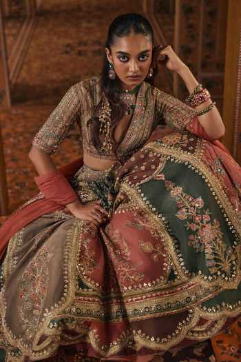 Shop Ridhi Mehra Green Raw Silk, Net V-neck Printed And Embroidered Lehenga Set Online at Aza Fashions Shop_Ridhi Mehra_Green Raw Silk, Net V-neck Printed And Embroidered Lehenga Set _Online_at_Aza_Fashions