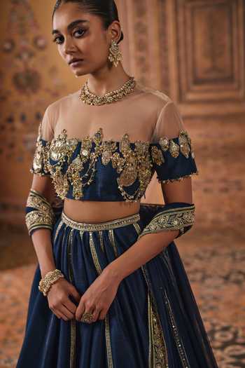 Ridhi Mehra Blue Raw Silk, Net Off-shoulder Embroidered Lehenga Set Online at Aza Fashions Ridhi Mehra_Blue Raw Silk, Net Off-shoulder Embroidered Lehenga Set _Online_at_Aza_Fashions
