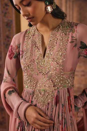 Ridhi Mehra_Pink Georgette, Net V-neck Floral Print Anarkali With Dupatta _Online_at_Aza_Fashions