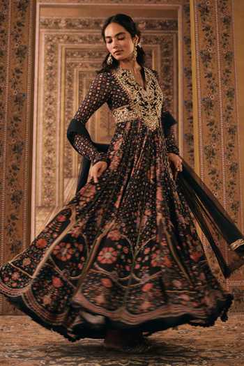 Buy_Ridhi Mehra_Black Georgette, Net V-neck Printed And Embroidered Anarkali With Dupatta _Online_at_Aza_Fashions