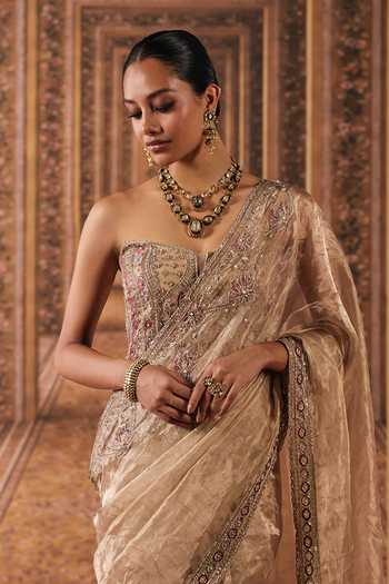 Ridhi Mehra Gold Tissue, Net Embroidered Corset With Saree Online at Aza Fashions Ridhi Mehra_Gold Tissue, Net Embroidered Corset With Saree _Online_at_Aza_Fashions