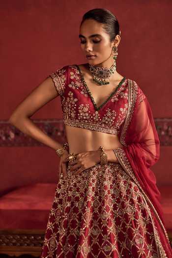 Buy Ridhi Mehra Red Raw Silk, Net V-neck Embroidered Lehenga Set Online at Aza Fashions Buy_Ridhi Mehra_Red Raw Silk, Net V-neck Embroidered Lehenga Set _Online_at_Aza_Fashions