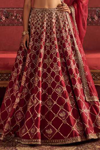 Shop Ridhi Mehra Red Raw Silk, Net V-neck Embroidered Lehenga Set Online at Aza Fashions Shop_Ridhi Mehra_Red Raw Silk, Net V-neck Embroidered Lehenga Set _Online_at_Aza_Fashions