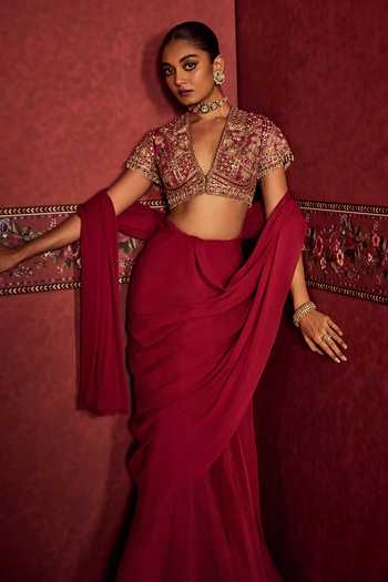 Ridhi Mehra_Red Chiffon, Net V-neck Embroidered Blouse With Pre-stitched Saree _Online_at_Aza_Fashions