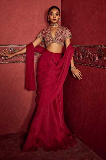 Buy_Ridhi Mehra_Red Chiffon, Net V-neck Embroidered Blouse With Pre-stitched Saree _Online_at_Aza_Fashions