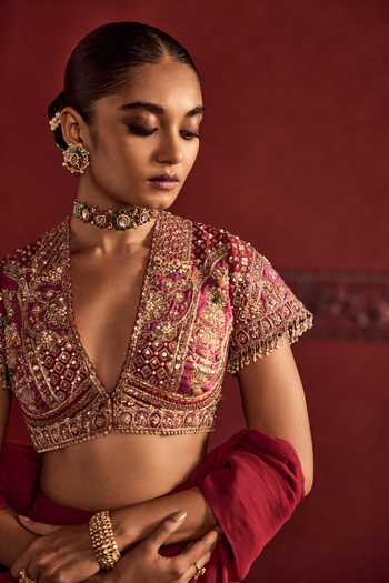 Shop_Ridhi Mehra_Red Chiffon, Net V-neck Embroidered Blouse With Pre-stitched Saree _Online_at_Aza_Fashions