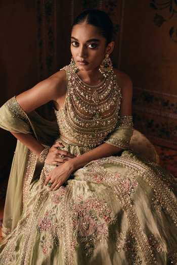 Ridhi Mehra Green Tissue, Net Halter Neck Embroidered Lehenga Set Online at Aza Fashions Ridhi Mehra_Green Tissue, Net Halter Neck Embroidered Lehenga Set _Online_at_Aza_Fashions
