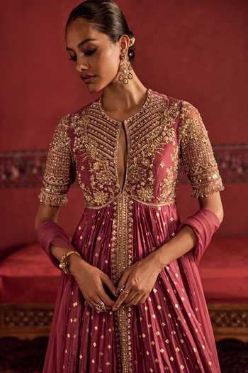 Ridhi Mehra_Pink Silk, Net Keyhole Neck Embroidered Anarkali With Dupatta _Online_at_Aza_Fashions