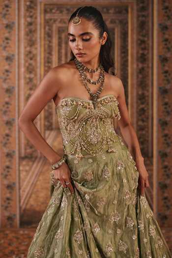 Buy Ridhi Mehra Green Tissue, Net Sweetheart Neck Embroidered Corset Lehenga Set Online at Aza Fashions Buy_Ridhi Mehra_Green Tissue, Net Sweetheart Neck Embroidered Corset Lehenga Set _Online_at_Aza_Fashions