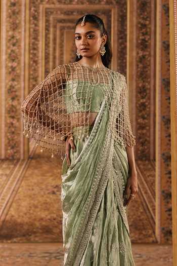 Ridhi Mehra Green Tissue Bandeau Neck Embroidered Pre-draped Saree Set With Cape Online at Aza Fashions Ridhi Mehra_Green Tissue Bandeau Neck Embroidered Pre-draped Saree Set With Cape _Online_at_Aza_Fashions