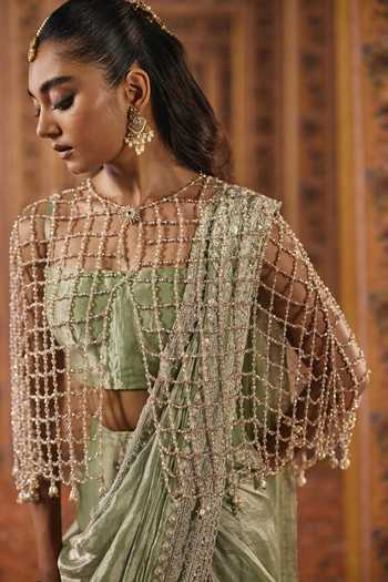 Buy Ridhi Mehra Green Tissue Bandeau Neck Embroidered Pre-draped Saree Set With Cape Online at Aza Fashions Buy_Ridhi Mehra_Green Tissue Bandeau Neck Embroidered Pre-draped Saree Set With Cape _Online_at_Aza_Fashions