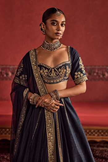Ridhi Mehra_Navy Raw Silk, Net Sweetheart Neck Ishqa Lehenga Set _Online_at_Aza_Fashions