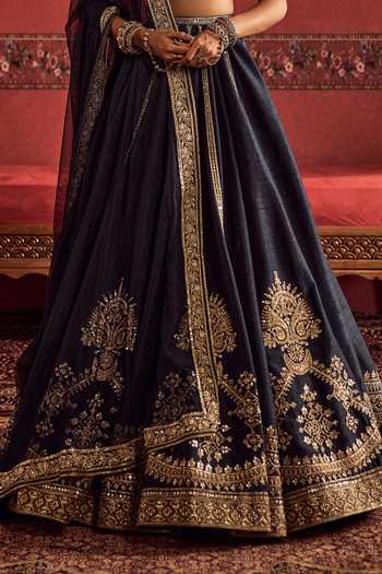 Buy_Ridhi Mehra_Navy Raw Silk, Net Sweetheart Neck Ishqa Lehenga Set _Online_at_Aza_Fashions