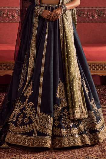 Ridhi Mehra Blue Raw Silk, Net Sweetheart Neck Placement Embroidered Lehenga Set Online at Aza Fashions Ridhi Mehra_Blue Raw Silk, Net Sweetheart Neck Placement Embroidered Lehenga Set _Online_at_Aza_Fashions