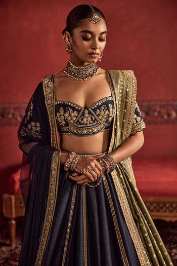 Buy Ridhi Mehra Blue Raw Silk, Net Sweetheart Neck Placement Embroidered Lehenga Set Online at Aza Fashions Buy_Ridhi Mehra_Blue Raw Silk, Net Sweetheart Neck Placement Embroidered Lehenga Set _Online_at_Aza_Fashions