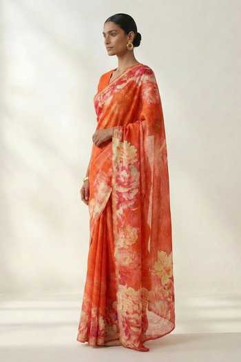 Thee Modern Roots Orange Linen Printed Saree With Running Blouse Online at Aza Fashions Thee Modern Roots_Orange Linen Printed Saree With Running Blouse _Online_at_Aza_Fashions