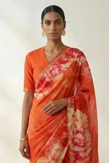 Buy Thee Modern Roots Orange Linen Printed Saree With Running Blouse Online at Aza Fashions Buy_Thee Modern Roots_Orange Linen Printed Saree With Running Blouse _Online_at_Aza_Fashions