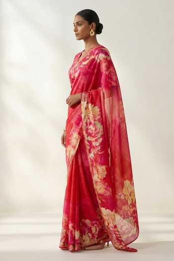 Thee Modern Roots Fuchsia Linen Floral Print Saree With Running Blouse Online at Aza Fashions Thee Modern Roots_Fuchsia Linen Floral Print Saree With Running Blouse _Online_at_Aza_Fashions