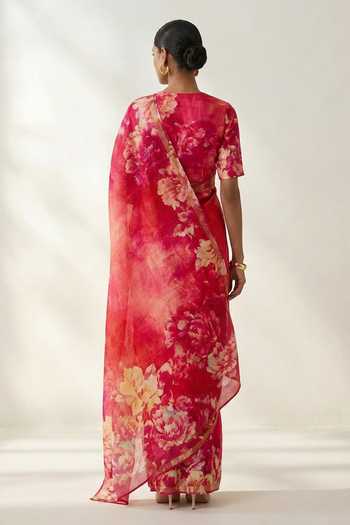 Thee Modern Roots Floral Print Linen Saree With Running Blouse 