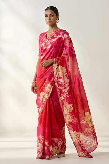 Thee Modern Roots Floral Print Linen Saree With Running Blouse 