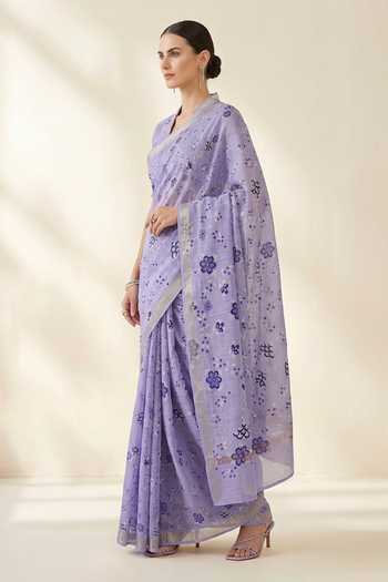 Thee Modern Roots Purple Linen Botanical Pattern Saree With Running Blouse Online at Aza Fashions Thee Modern Roots_Purple Linen Botanical Pattern Saree With Running Blouse _Online_at_Aza_Fashions
