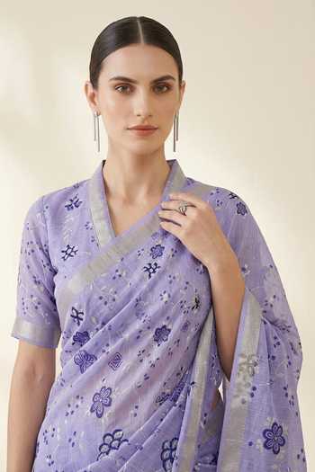 Buy Thee Modern Roots Purple Linen Botanical Pattern Saree With Running Blouse Online at Aza Fashions Buy_Thee Modern Roots_Purple Linen Botanical Pattern Saree With Running Blouse _Online_at_Aza_Fashions