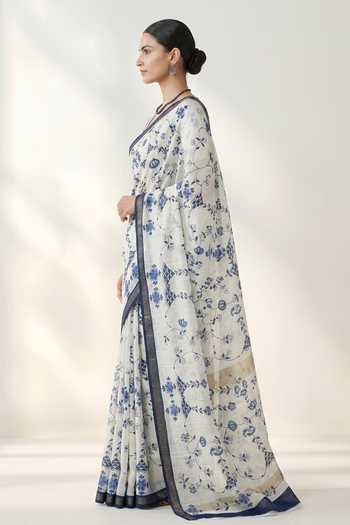 Thee Modern Roots Ivory Linen Botanical Print Saree And Running Blouse Set Online at Aza Fashions Thee Modern Roots_Ivory Linen Botanical Print Saree And Running Blouse Set _Online_at_Aza_Fashions